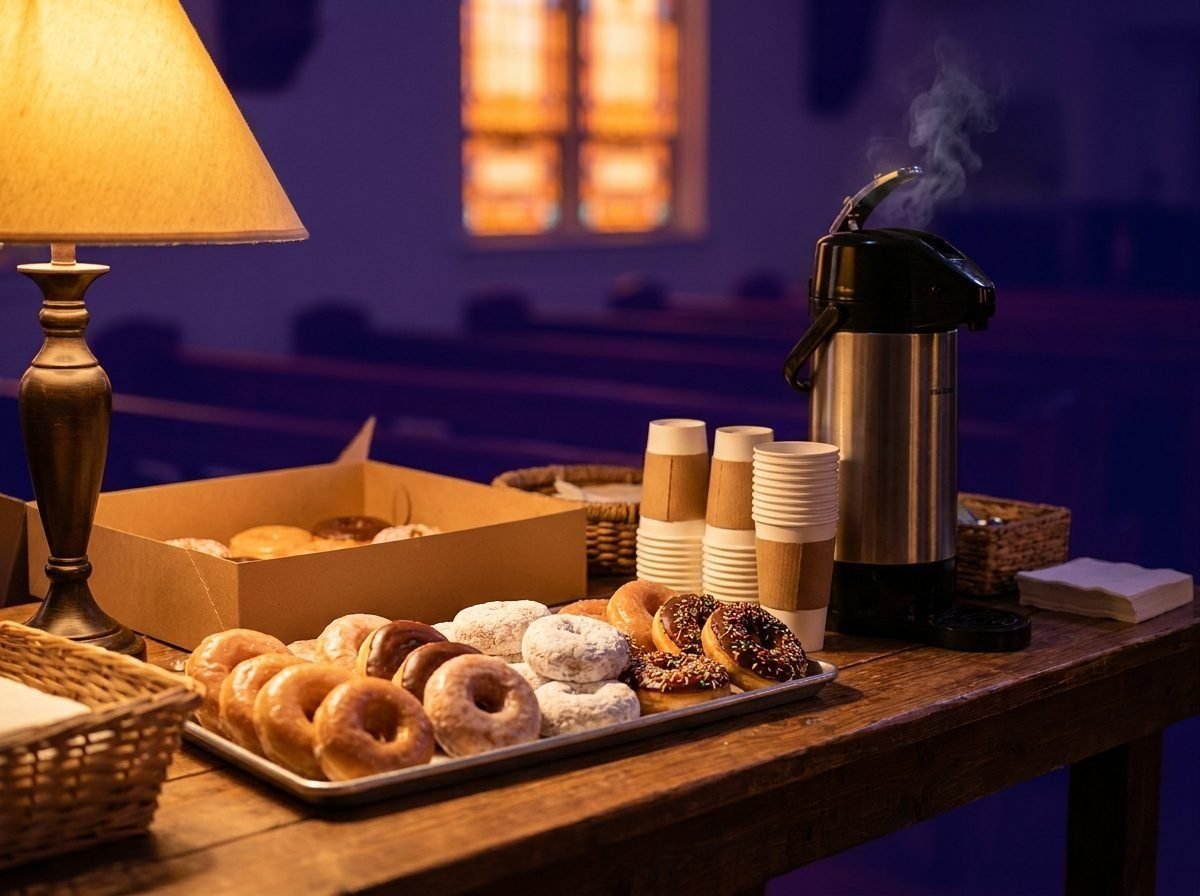 Coffee and donuts set out before Sunday service at Church at Silverados