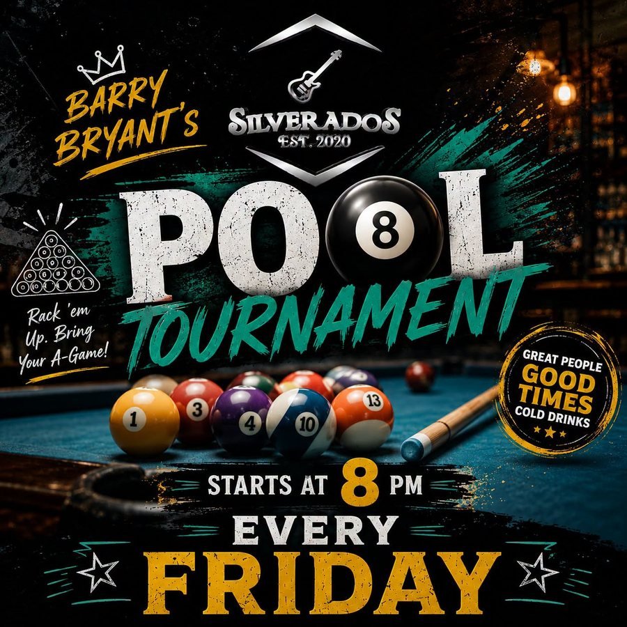 Barry Bryant's Pool Tournament flyer — Every Friday · 8 PM at Silverados