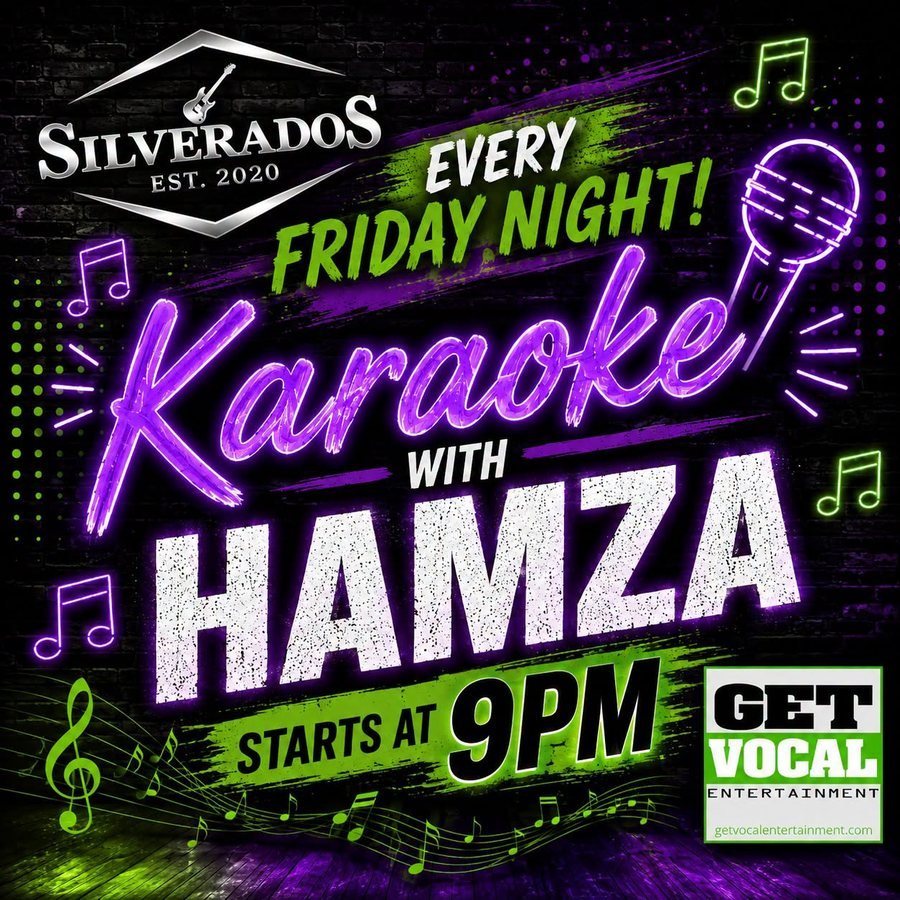 Friday Night Karaoke flyer — Every Friday · 9 PM at Silverados