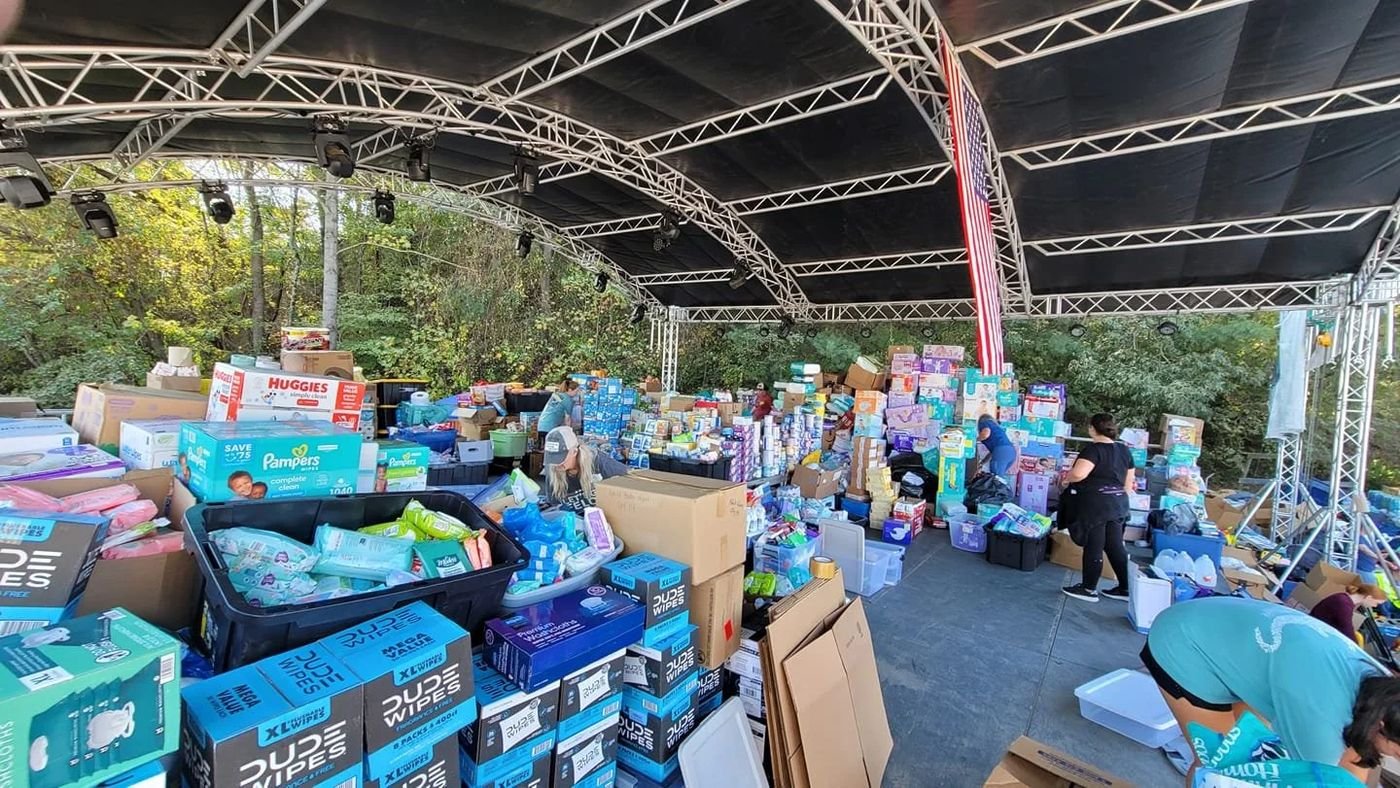 Relief supplies sorted and stacked for distribution